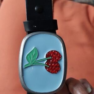 Kaymen-b Rhinestone Cherries on Baby Blue Enamel Belt Buckle. EUC